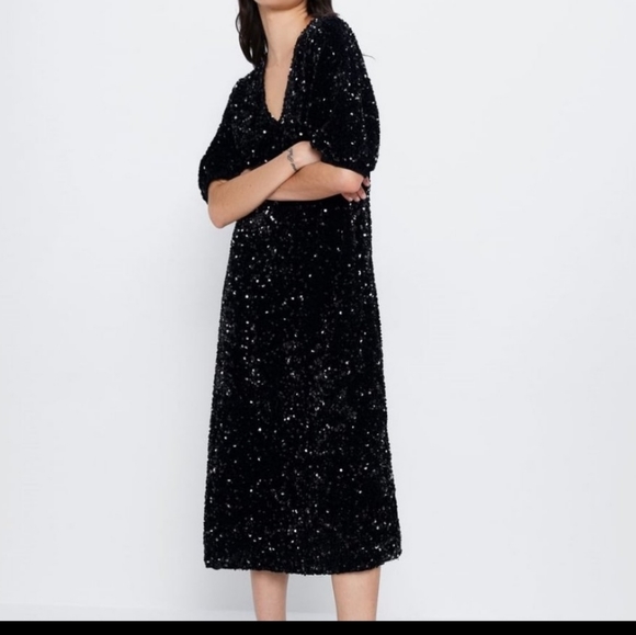 Zara Midi Sequin Dress With Puff Sleeves Black Size S NWT - Picture 11 of 11